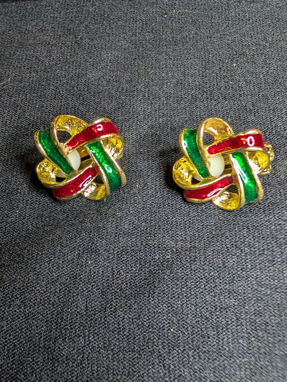 Gold-Tone Knot Stud Earrings with Red & Green Enamel Accents